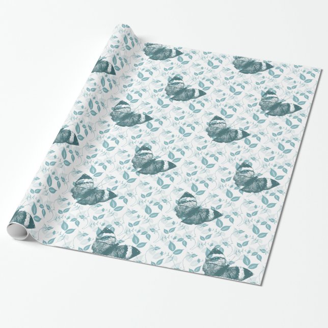 Teal Blue Butterflies Wrapping Paper (Unrolled)