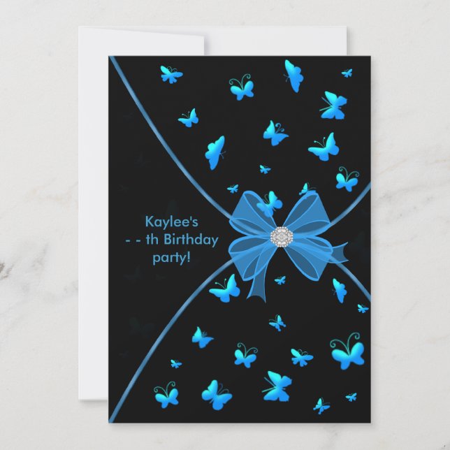 Teal Blue Butterfly Girls Birthday Party Invitatio Invitation (Front)