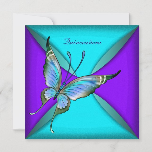 Teal Blue Butterfly Quinceanera 15th Birthday Invitation (Front)