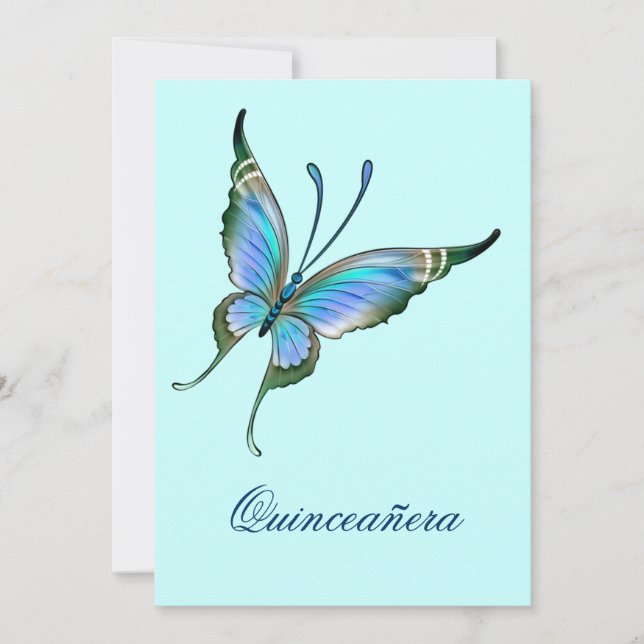 Teal Blue Butterfly Quinceanera 15th Birthday Invitation (Front)