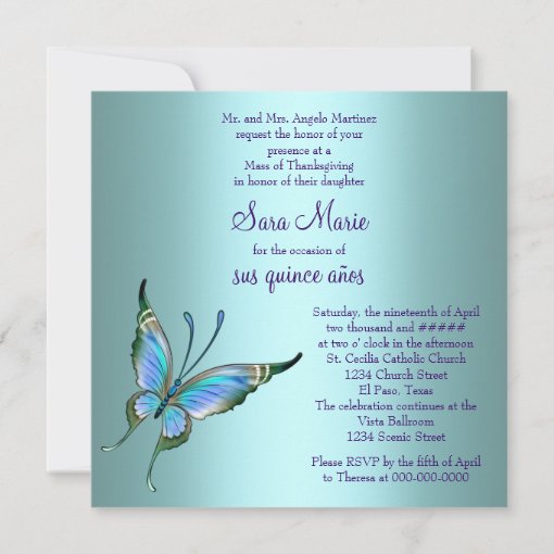 Teal Blue Butterfly Quinceanera Invitation Zazzle