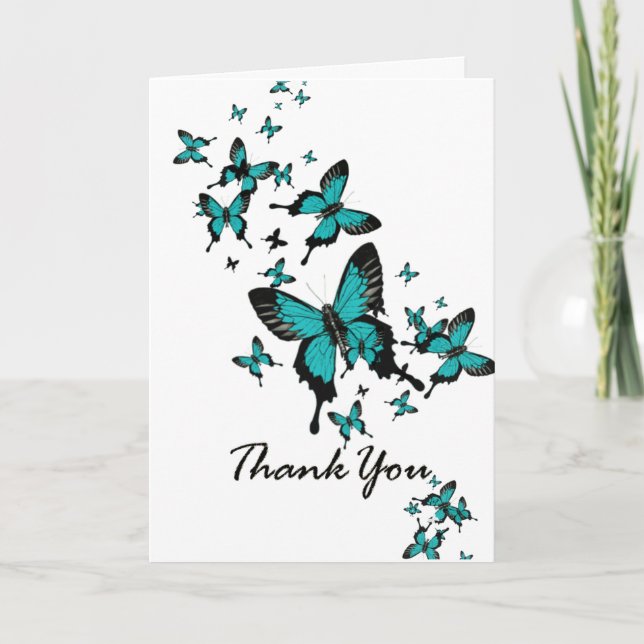 Teal-Blue Butterfly Script Any Occasion Letterpress Thank You Card (Front)