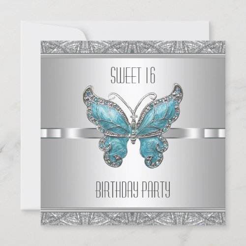 Teal Blue Butterfly Sweet 16 Birthday Party Custom Announcements