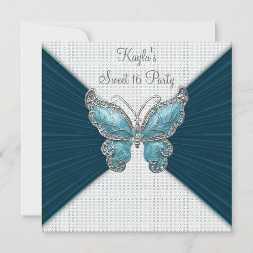 Teal Blue Butterfly Sweet Sixteen Birthday Party Personalized Announcements