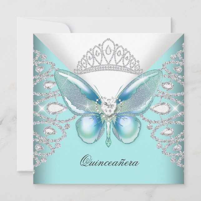 Teal Blue Butterfly Tiara Quinceanera 15th Party Invitation (Front)