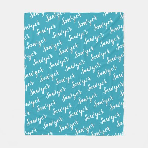 Teal Blue Calligraphy Personalized Repeat Name Fleece Blanket