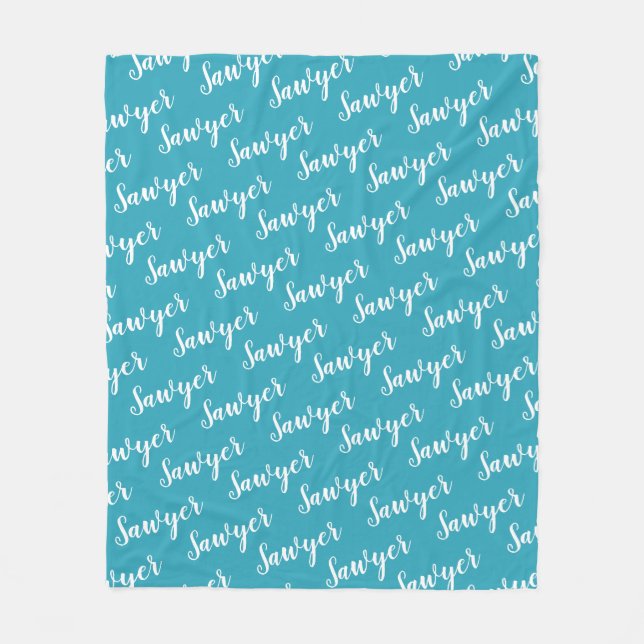 Teal Blue Calligraphy Personalized Repeat Name Fleece Blanket (Front)