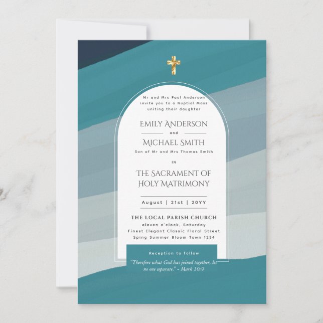 Teal Blue  Catholic Nuptial Mass Photo Wedding Invitation (Front)