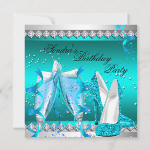 Teal Blue Champagne Glitter Shoes Birthday Party Invitation