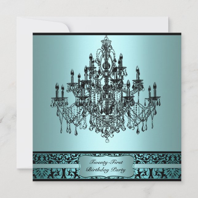 Teal Blue Chandelier 21st Birthday Party Invitation (Front)