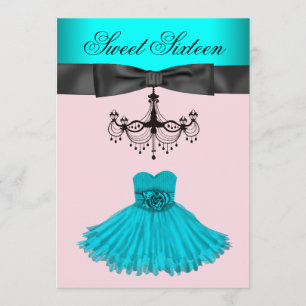 Teal Blue Chandelier Sweet Sixteen Birthday Party Invitation