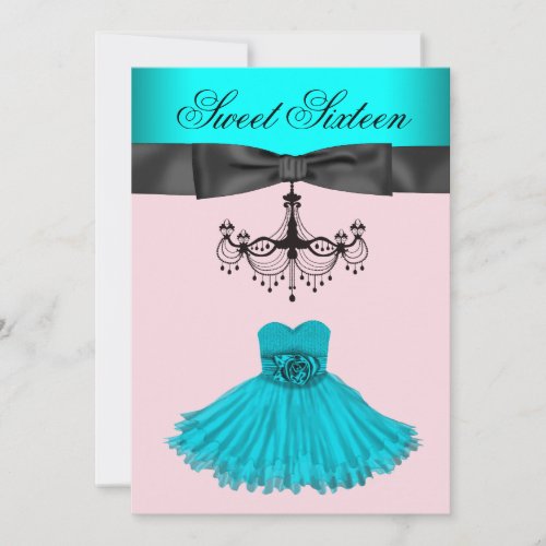Teal Blue Chandelier Sweet Sixteen Birthday Party Invitation