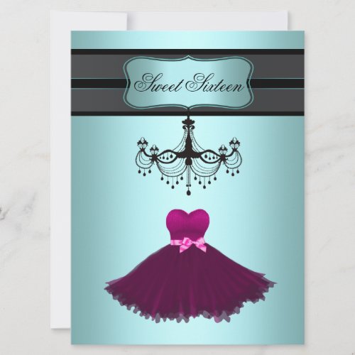 Teal Blue Chandelier Sweet Sixteen Birthday Party Invitation