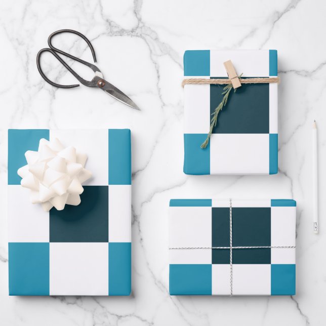 Teal Blue Checkerboard Wrapping Paper Sheets (Front)