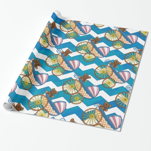 Teal Blue Chevron Baby Carriage Pattern Wrapping Paper