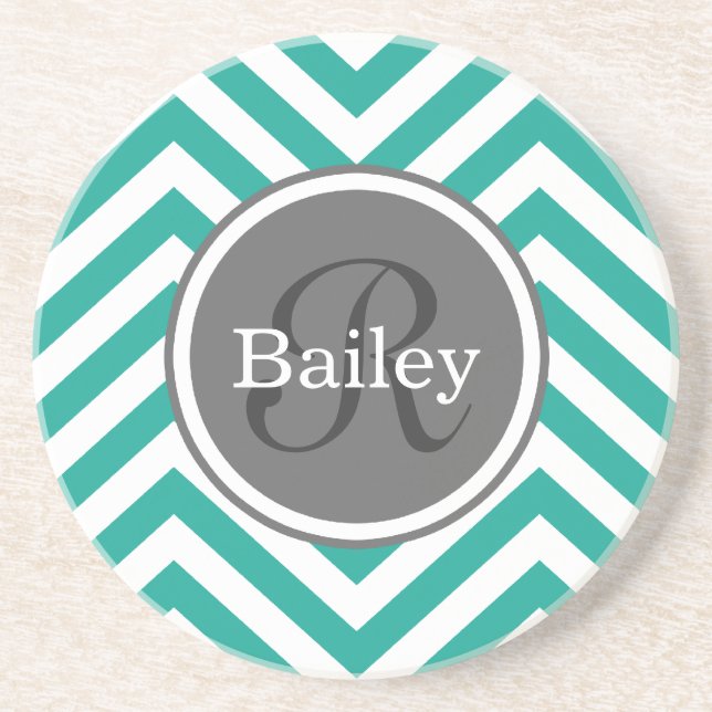 Teal Blue Chevron Monogram Coaster (Front)
