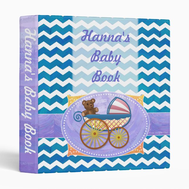 Teal Blue Chevron Pram Custom Baby Book 3 Ring Binder (Front/Spine)