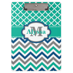 Teal Blue Chevron Quatrefoil Personalized Clipboard