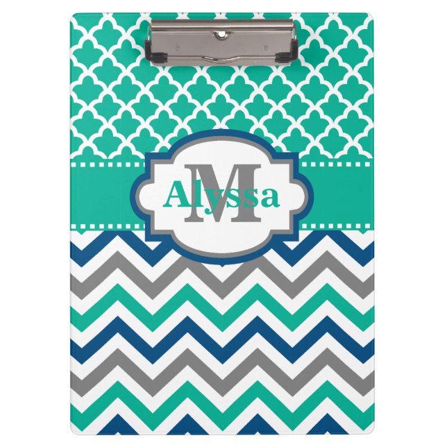 Teal Blue Chevron Quatrefoil Personalized Clipboard (Front)