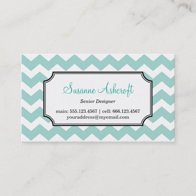 Teal blue chevron zigzag pattern stylish personal business card (Front)