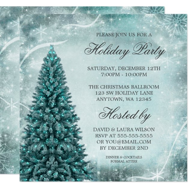 Teal Blue Christmas Tree Holiday Party Invitation