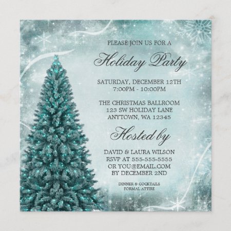 Teal Blue Christmas Tree Holiday Party Invitation