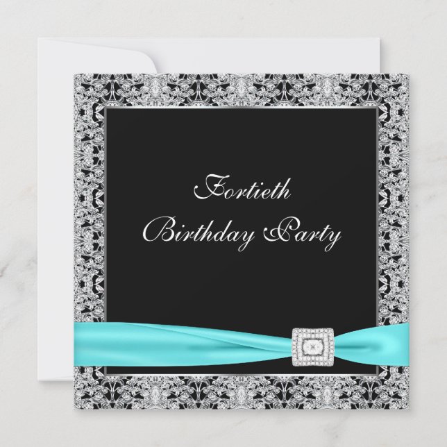 Teal Blue Classy Black 40th Birthday Party Invitation (Front)