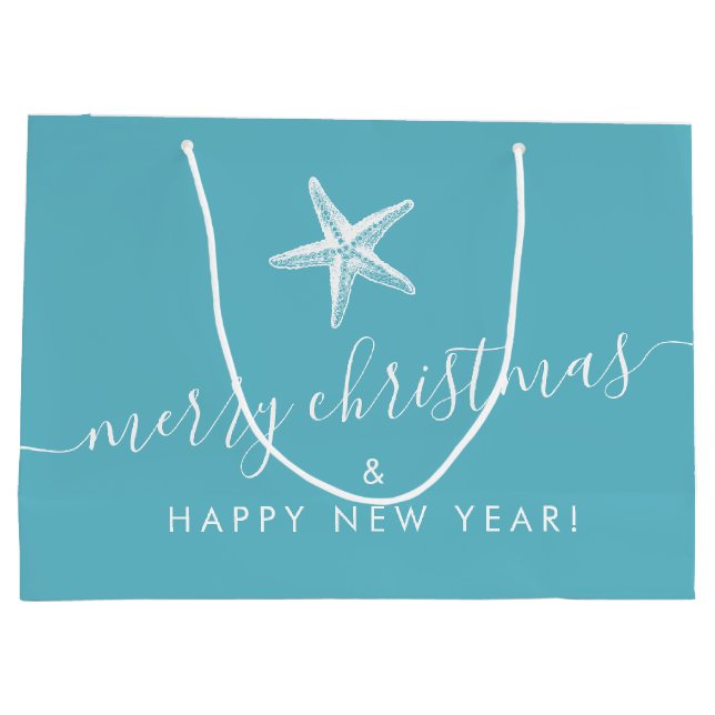 Teal Blue Coastal Christmas Starfish Personalized Large Gift Bag (Back)