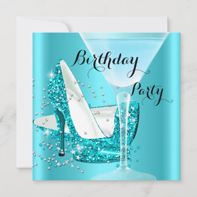 Teal Blue Cocktail High Heels Birthday Party 2 Invitation (Front)