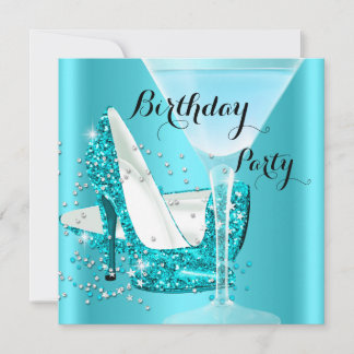 Teal Blue Cocktail High Heels Birthday Party 2 Invitation