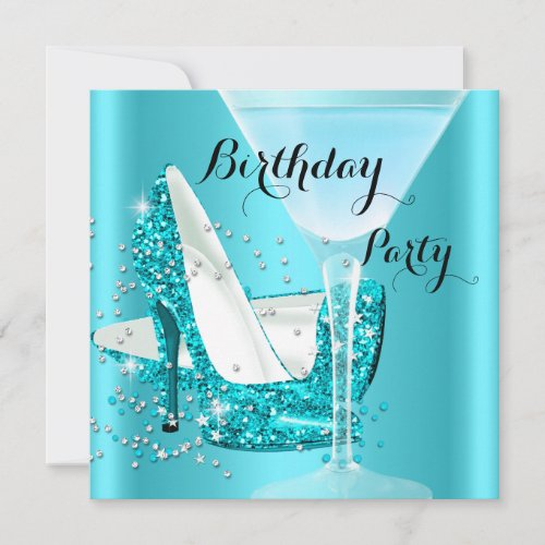 Teal Blue Cocktail High Heels Birthday Party 2 Invitation