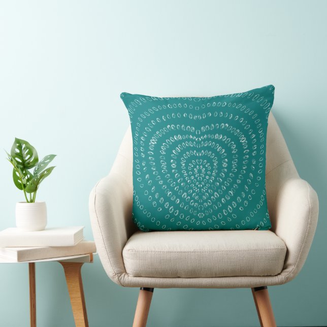 Teal Blue Concentric White Hearts Boho Throw Pillow (Chair)