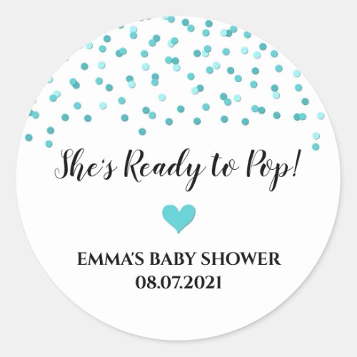 Teal Blue Confetti Heart Shes Ready to Pop Classic Round Sticker