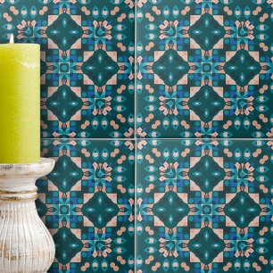 Teal Blue Coral Intricate Symmetrical Geometry Ceramic Tile