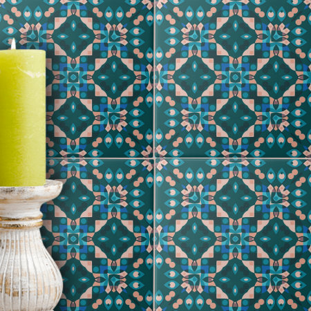 Teal Blue Coral Intricate Symmetrical Geometry 