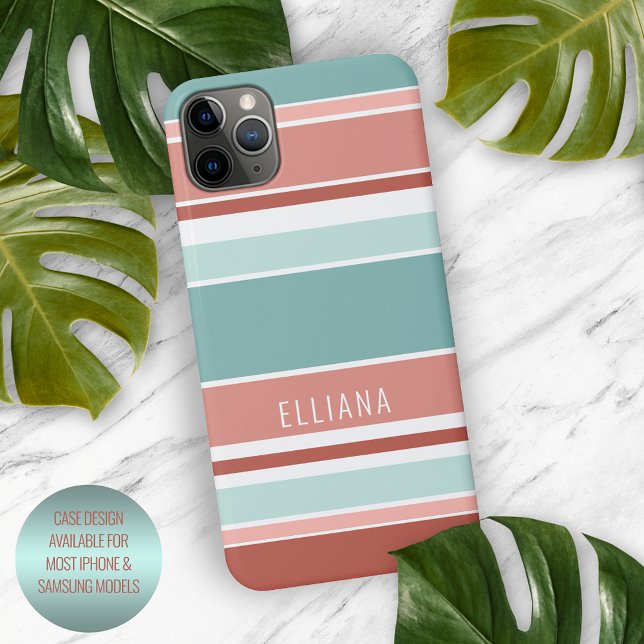 Teal Blue Coral Red Peach Orange White Stripes iPhone Case (Creator Uploaded)