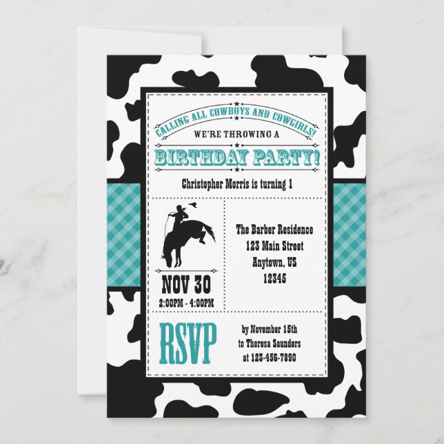 Teal Blue Cowhide Cowboy Birthday Invitation (Front)