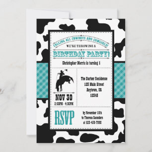 Teal Blue Cowhide Cowboy Birthday Invitation