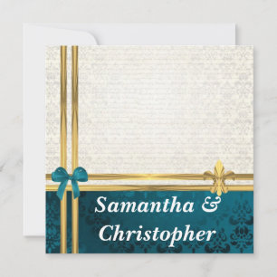 Teal blue  & cream damask  & gold ribbon wedding invitation