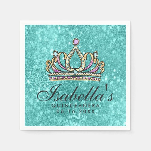 Teal Blue Crown Quinceaera Birthday Personalized Napkins