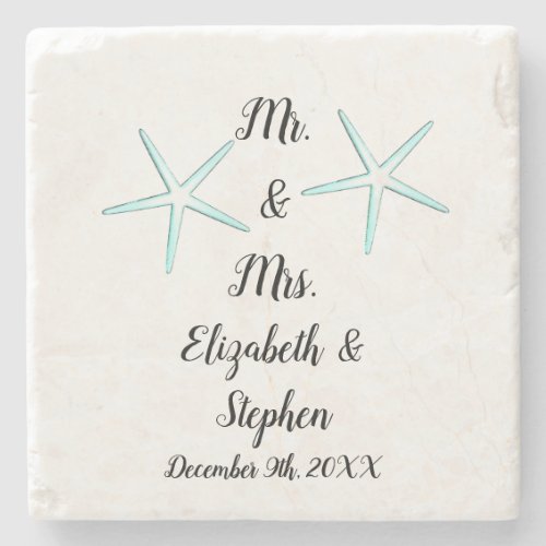 Teal Blue Custom Couple Name Beach Weddings 2023 Stone Coaster
