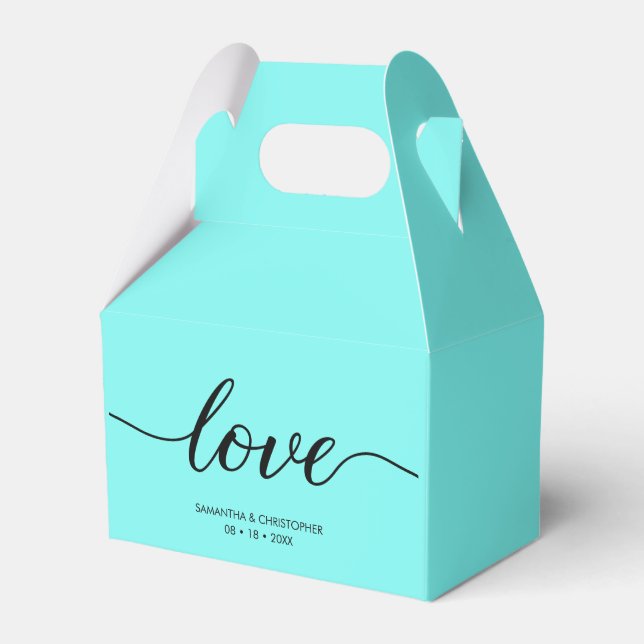 Teal Blue Custom Elegant love script Wedding Favor Boxes (Front Side)