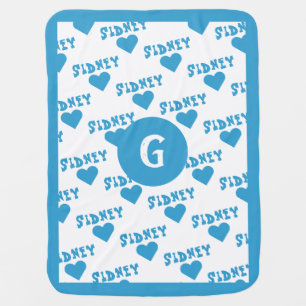 Teal Blue Cute Monogram Personalized Name Boy Baby Blanket