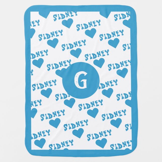 Teal Blue Cute Monogram Personalized Name Boy Baby Blanket (Front)