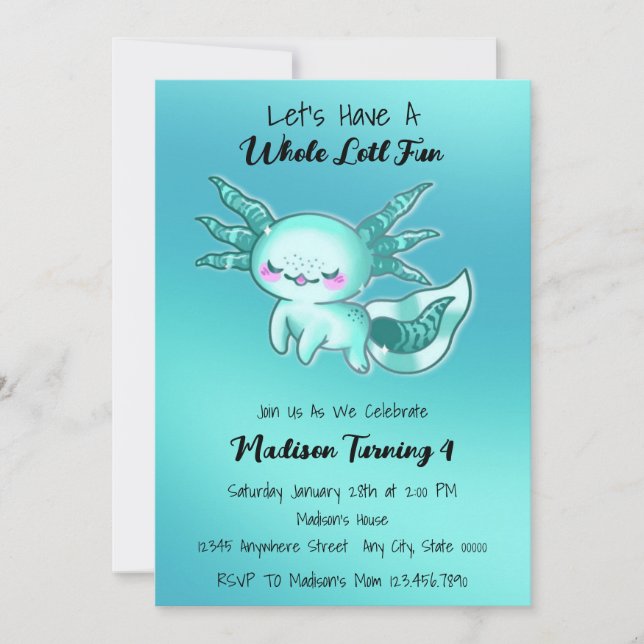 Teal Blue Cute Watercolor Axolotl Birthday Invitation (Front)