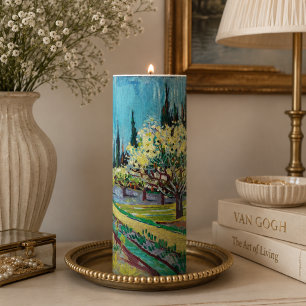 Teal Blue Cypress Garden Post-Impressionist Art Pillar Candle