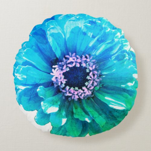 Teal Blue Daisy blue flower Round Pillow