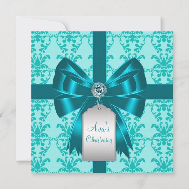 Teal Blue Damask Baby Baptism Christening Invitation (Front)
