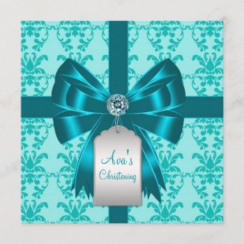 Teal Blue Damask Baby Baptism Christening Invitation by BabyCentral at Zazzle