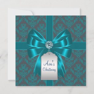 Teal Blue Damask Baby Baptism Christening Invitation